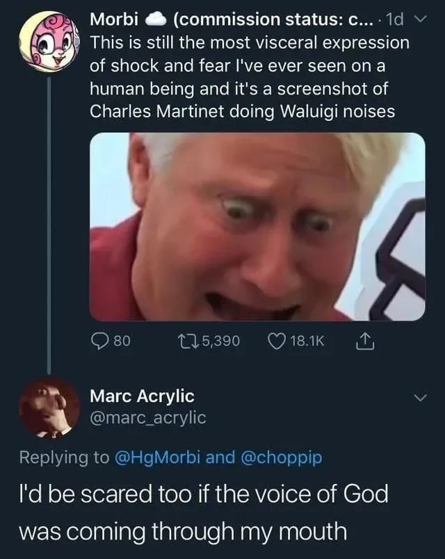 Post:"This is still the most visceral expression of shock and fear I've ever seen on a human being and it's a screenshot of Charles Martinet doing Waluigi" Reply:"I'd be scared too if the voice of God was coming through my mouth"
