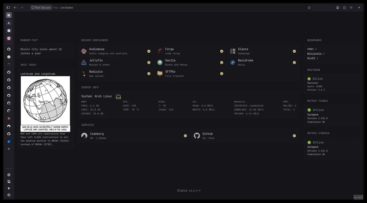 A firefox browser showing the home page setup for my server. The page is a glance homepage